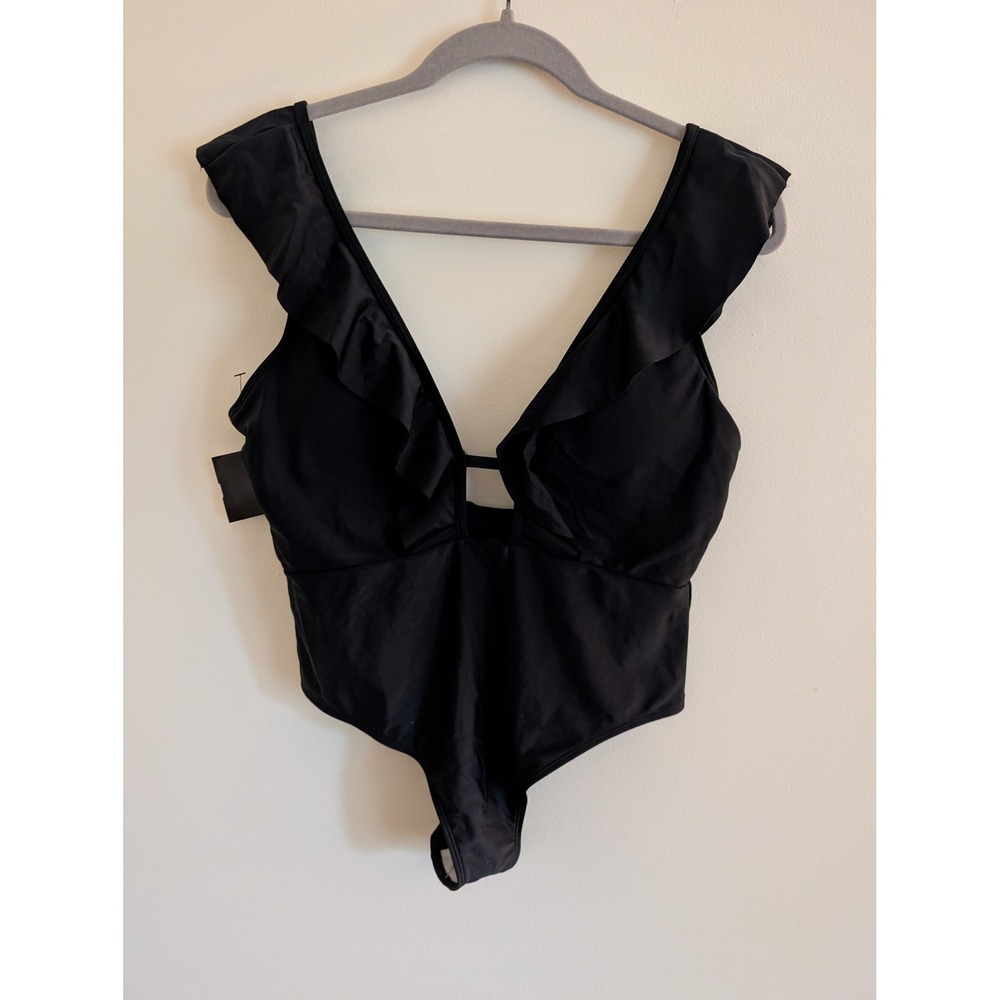 Halara Womens Black Ruffle V-Neck One-Piece Swimsuit Size M Cutout Detail